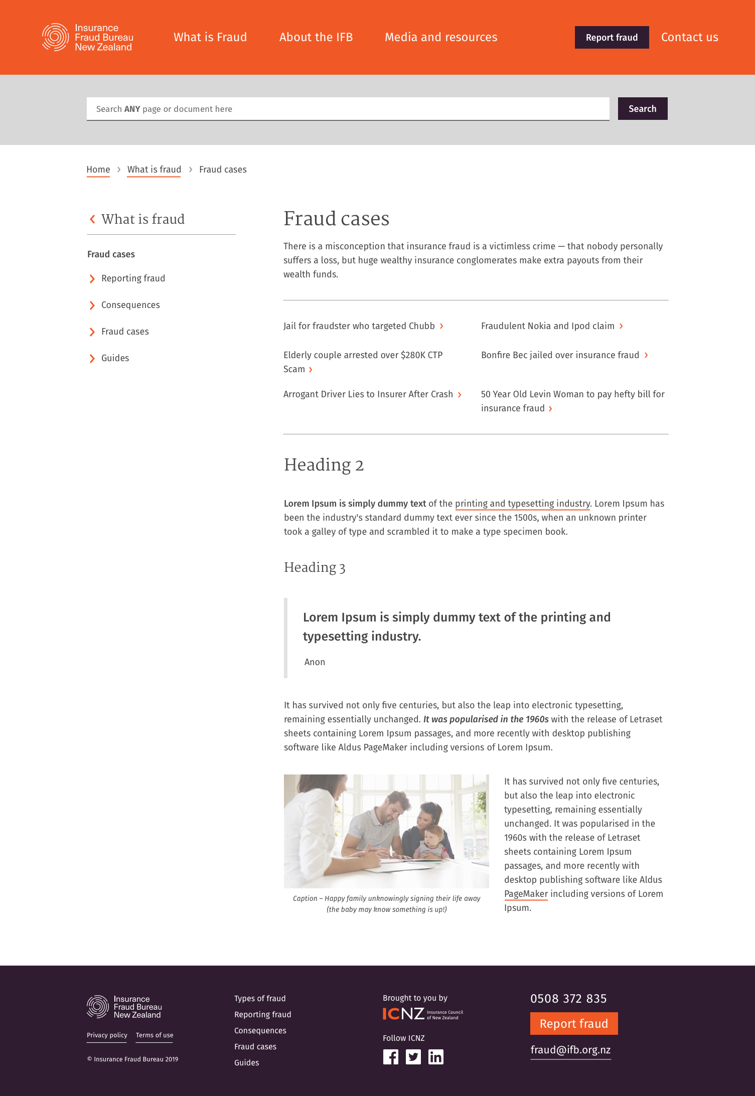 Insurance Fraud Bureau website — Sub-Landing screen
