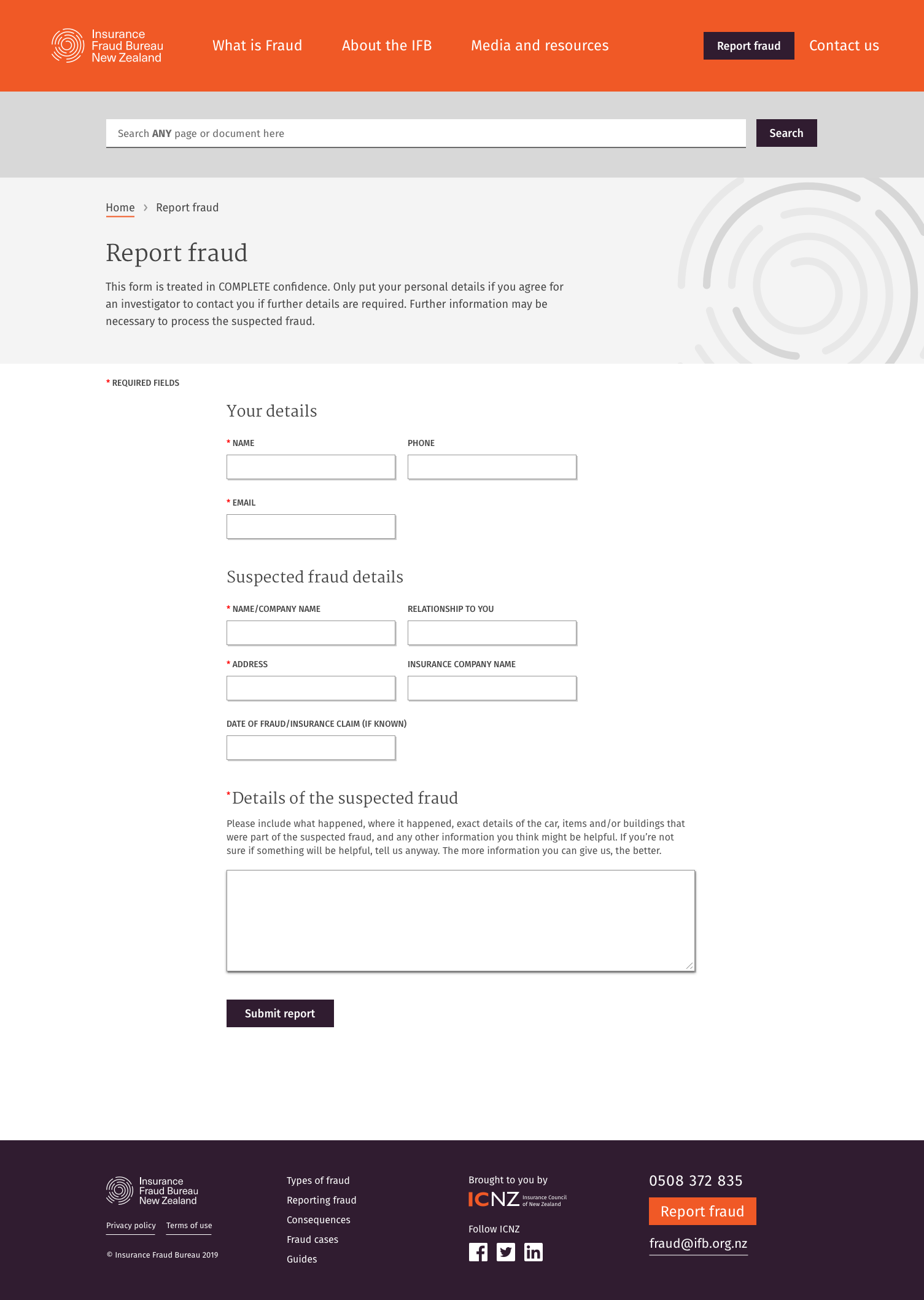 Insurance Fraud Bureau website — Form screen