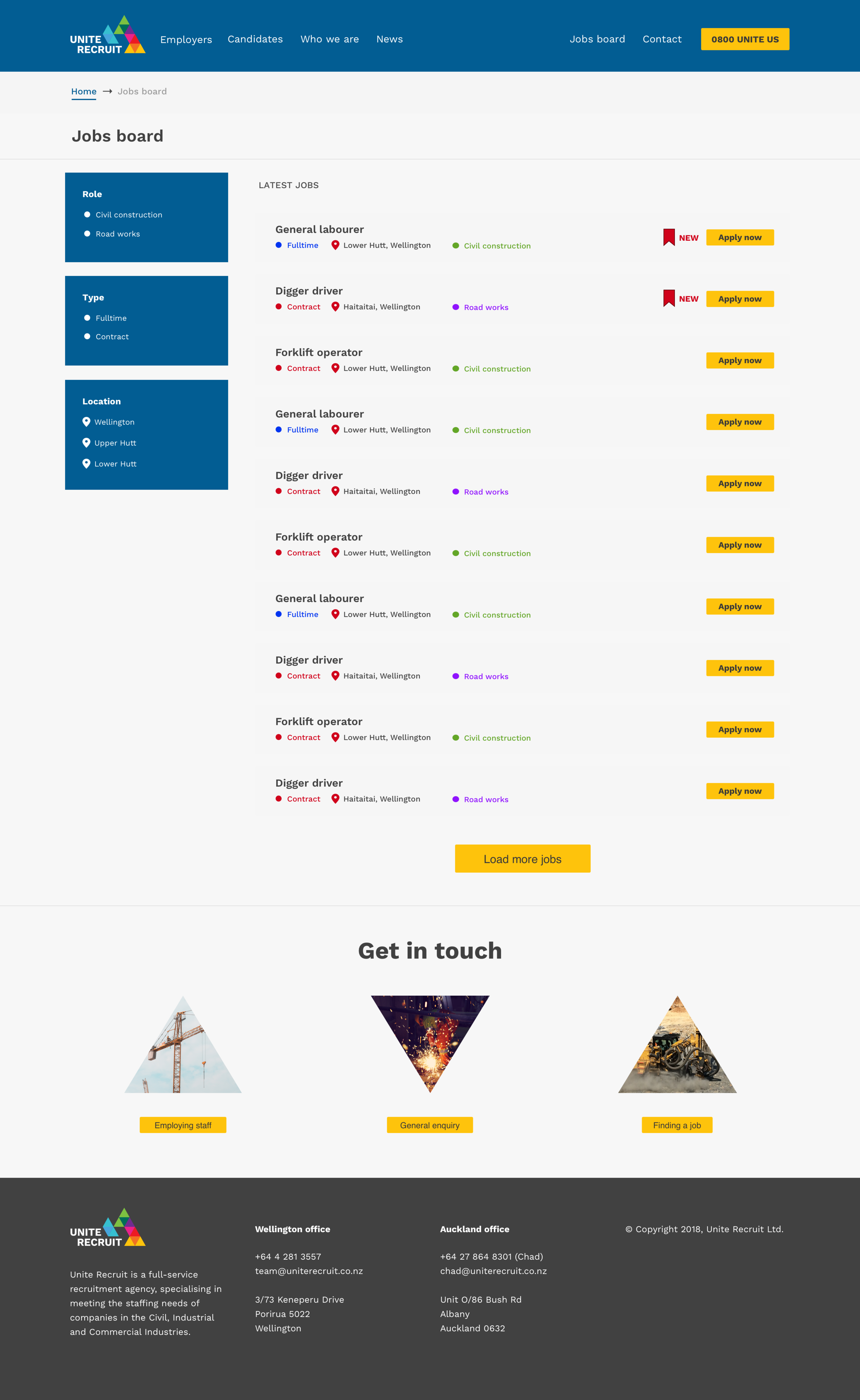 Unite Recruit website — Jobs Board screen