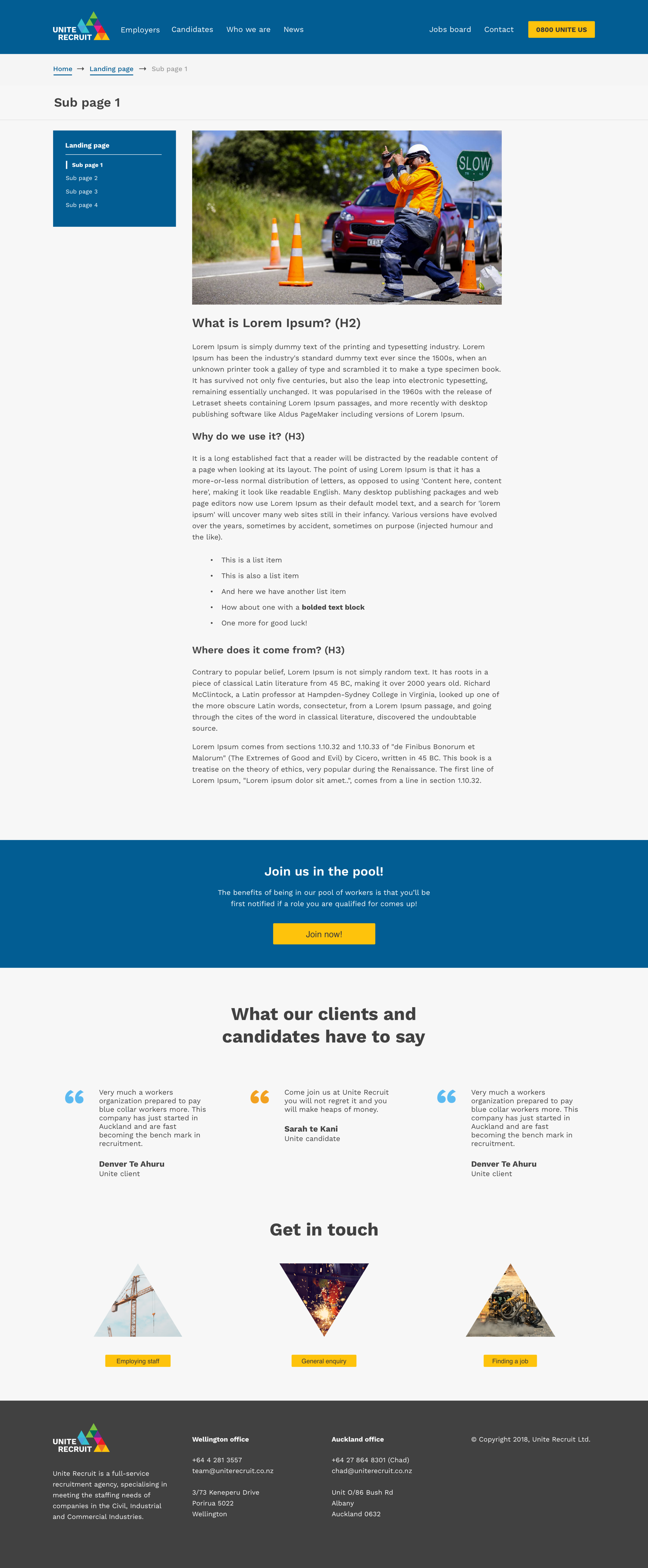 Unite Recruit website — Sub page screen